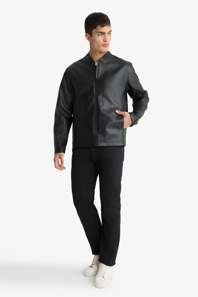 DeFacto Black Man Waterproof Slim Fit Stand Collar Faux Leather Jacket Casual - Image 2